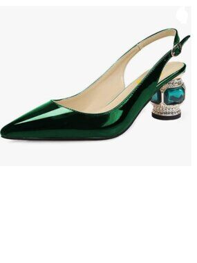 FSJ Green Mirror Women's Pointed Toe Slingback Crystal Heel Pumps